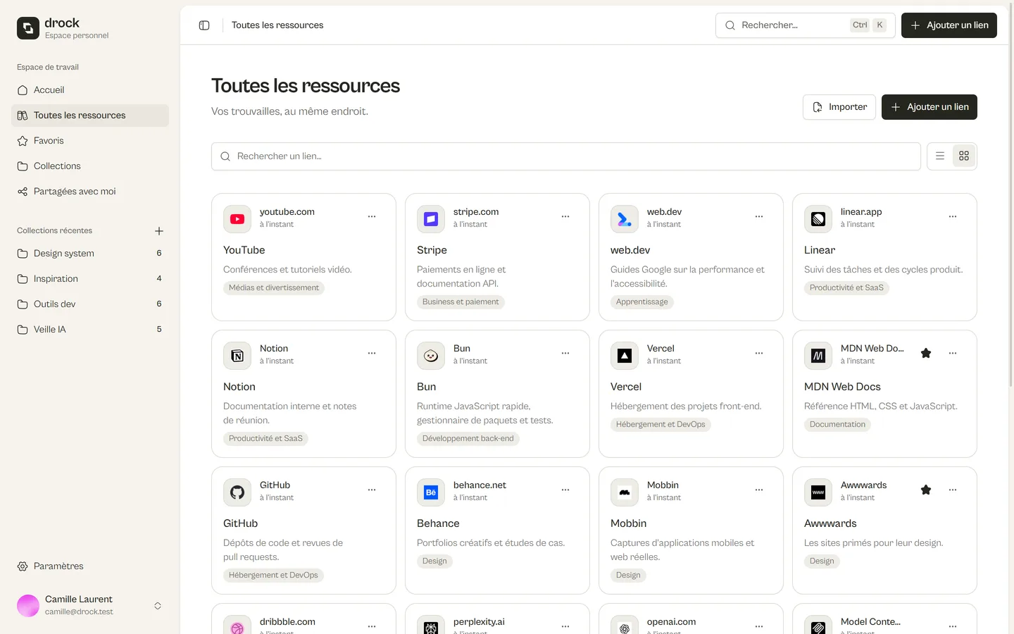 L'application Drock : la page Toutes les ressources, avec des liens en cartes, leurs catégories et les collections dans la barre latérale.